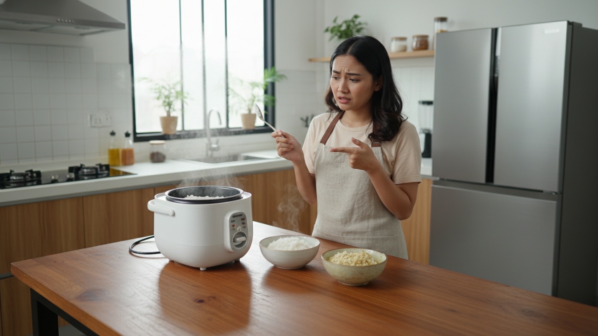 Ilustrasi nasi dalam rice cooker dengan uap panas yang mempengaruhi kelembapan