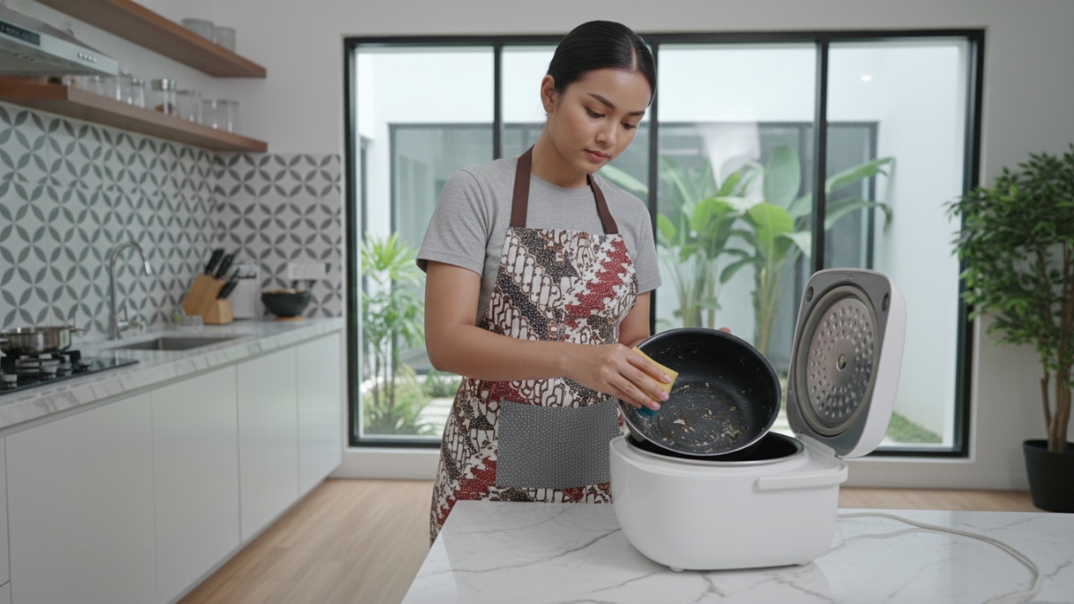 Membersihkan inner pot rice cooker di dapur rumah.