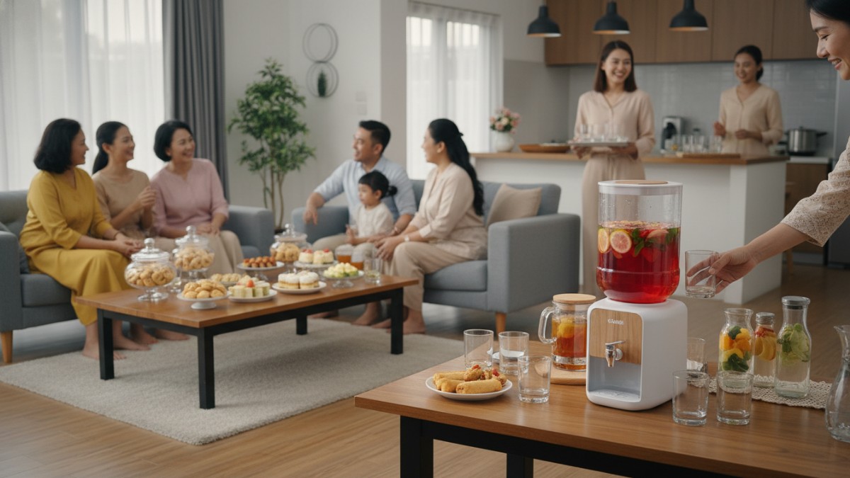 Dispenser minuman berisi sirup dan infused water di meja ruang tamu saat suasana Lebaran.