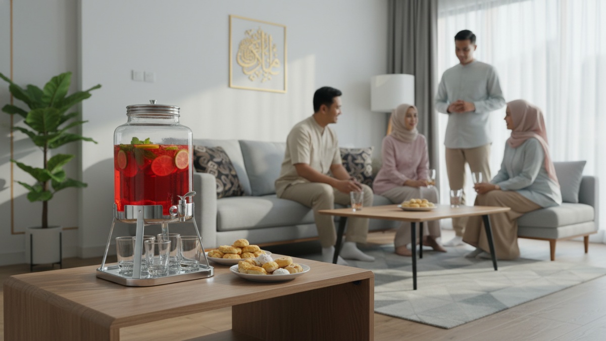 Ilustrasi dispenser minuman di meja tamu rumah keluarga saat acara Lebaran