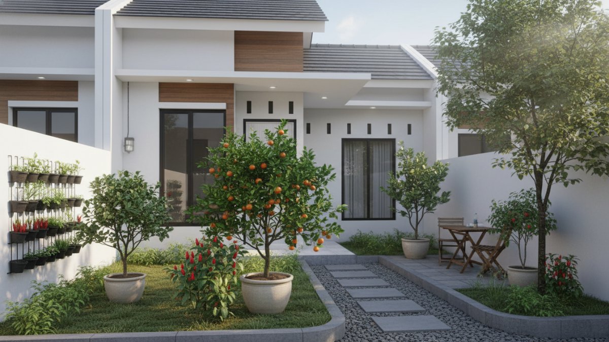 Halaman rumah type 27 dengan kebun buah mini menggunakan pot tanaman.