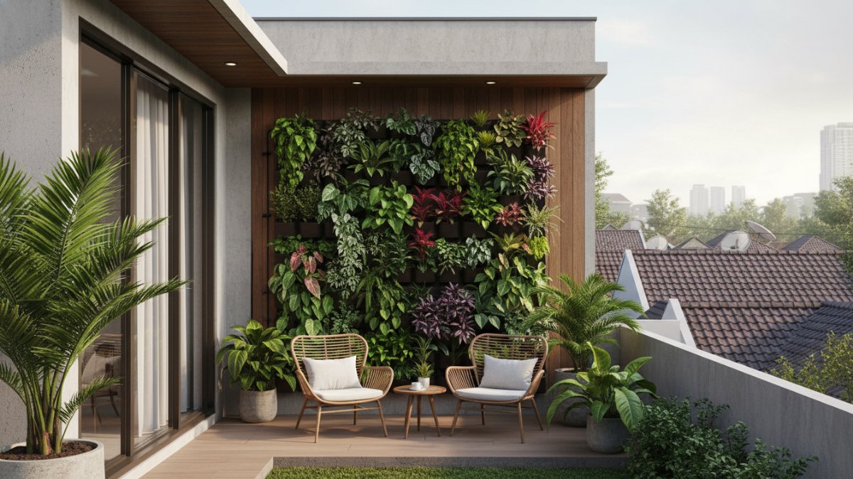 Vertical garden sederhana di tembok belakang rumah menggunakan botol plastik bekas.
