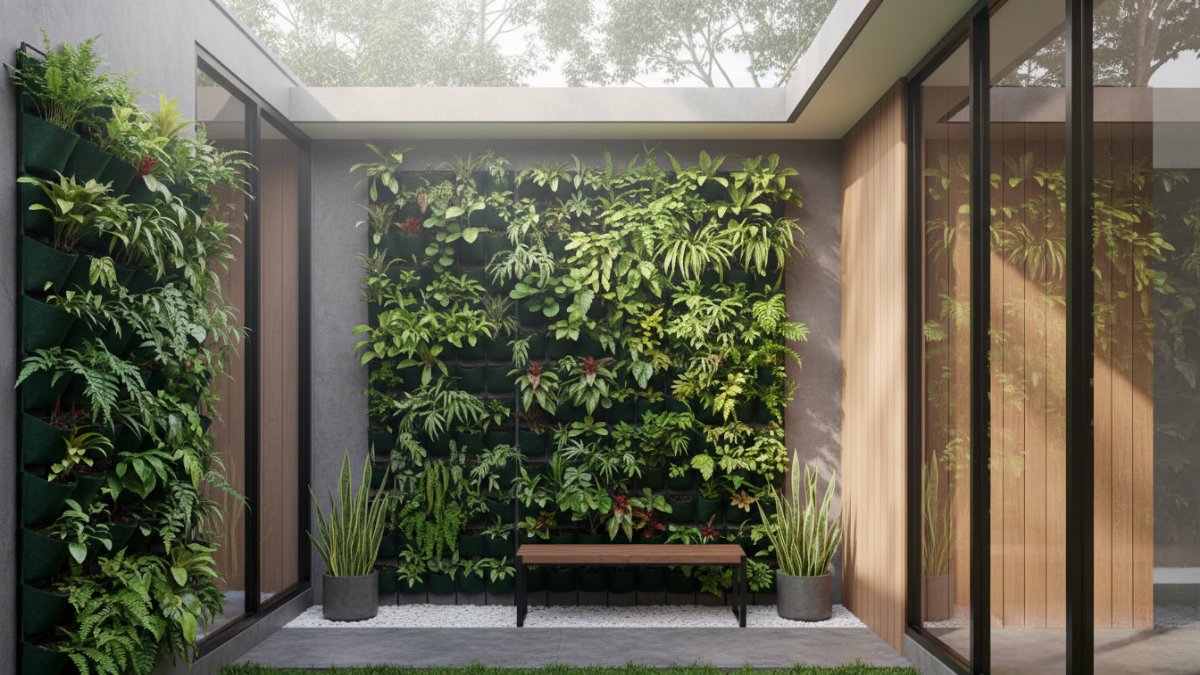 Contoh dinding rumah yang dimanfaatkan menjadi taman vertikal minimalis.