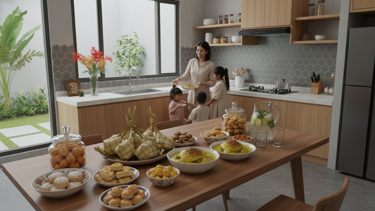Meja dapur rumah dengan hidangan Hari Raya yang ditata rapi sehingga terlihat luas.