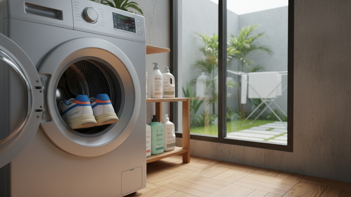 Sepatu olahraga dimasukkan ke mesin cuci dengan kantong laundry agar aman saat dicuci.