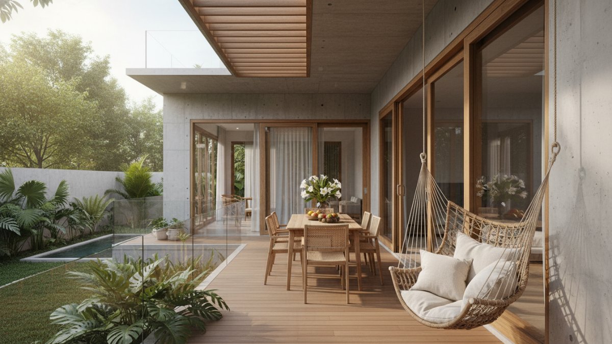 Contoh desain teras terbuka dengan ventilasi alami pada rumah sederhana.