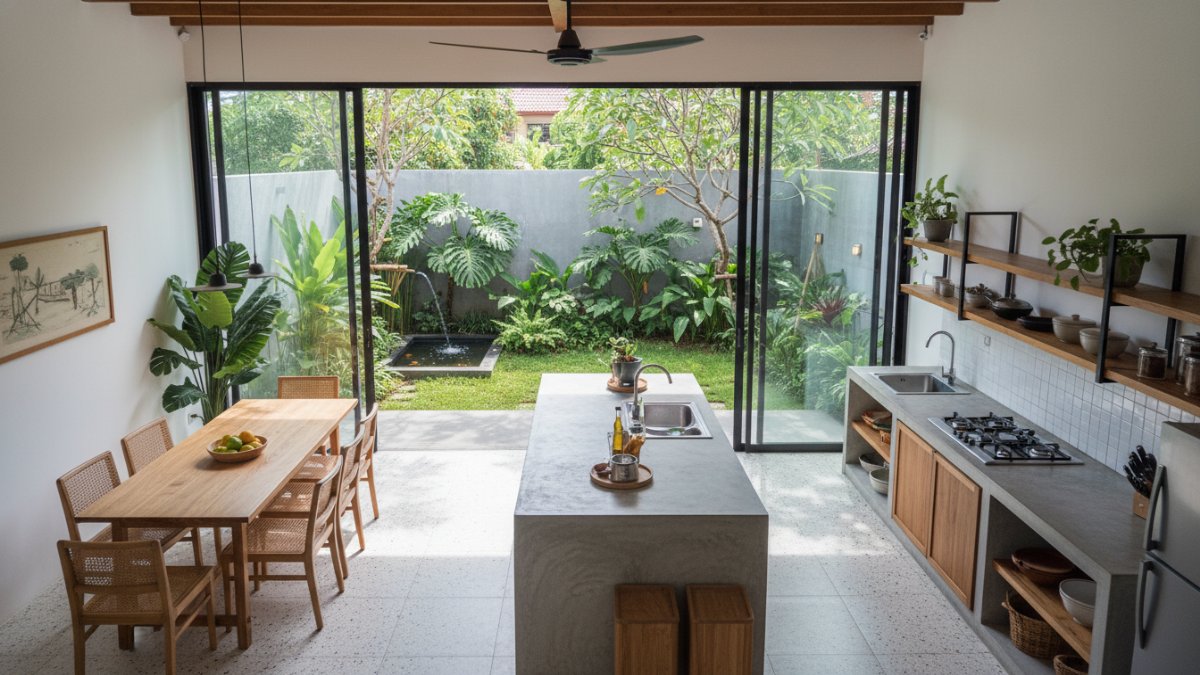 Model dapur terbuka minimalis dengan atap transparan yang membuat area memasak terang dan terasa lapang.