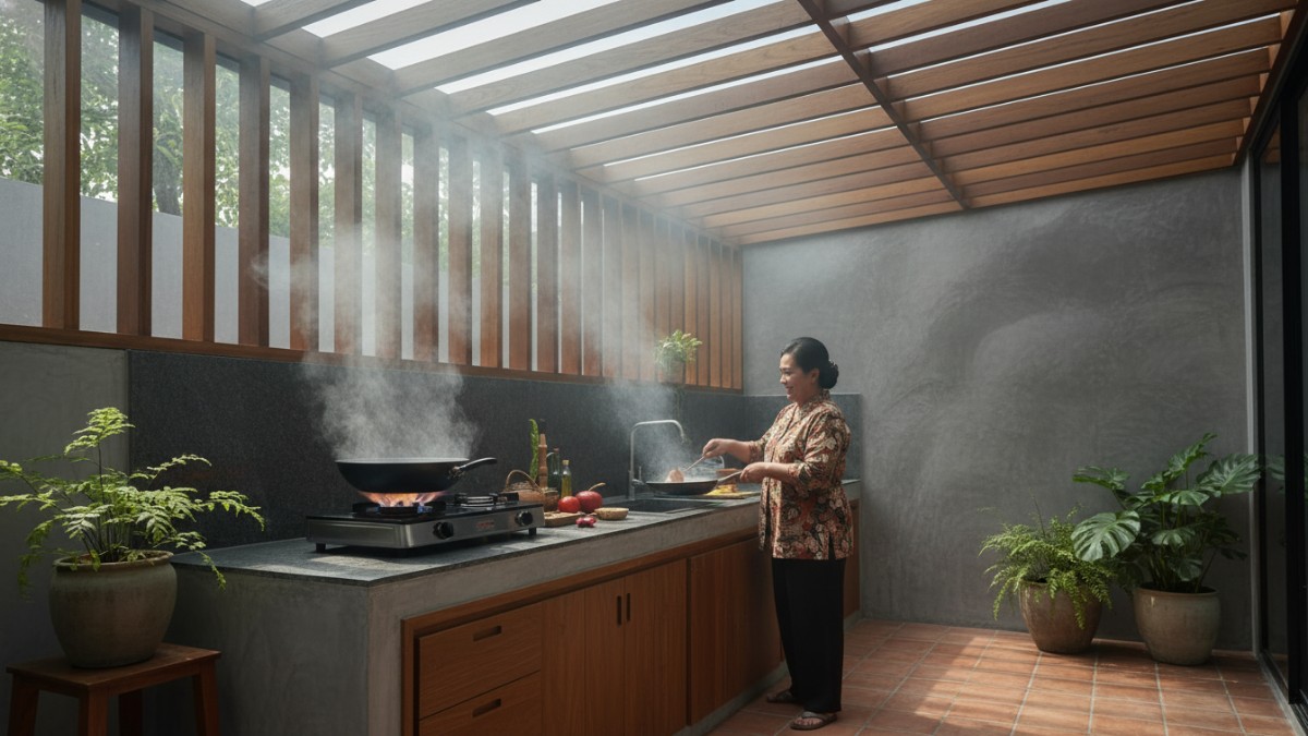 Desain dapur terbuka dengan ventilasi alami pada rumah minimalis.