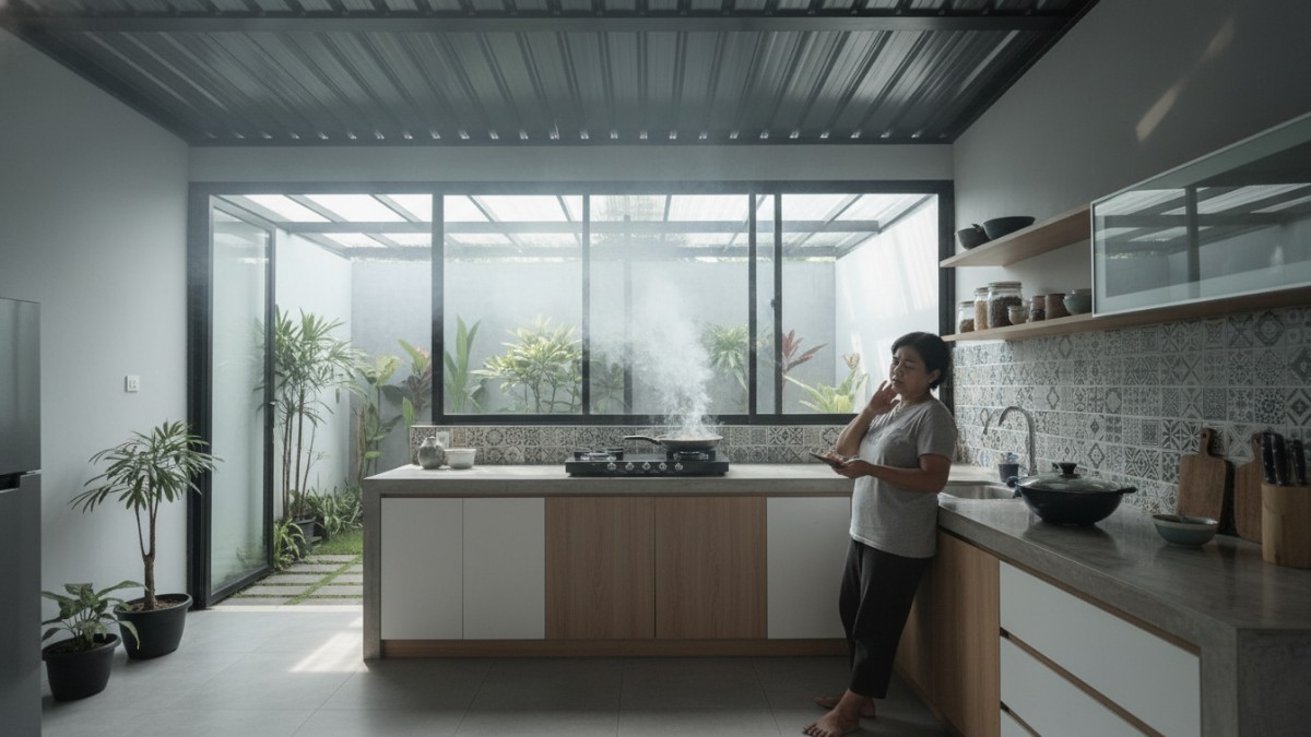 Contoh kesalahan desain atap dapur yang terlalu rendah dan membuat ruang terasa panas.