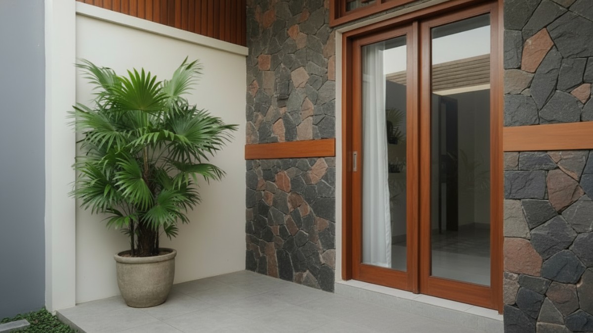 Desain teras rumah minimalis dengan lantai batu alam, pencahayaan fasad hangat, dan tanaman tropis yang menciptakan kesan elegan modern.