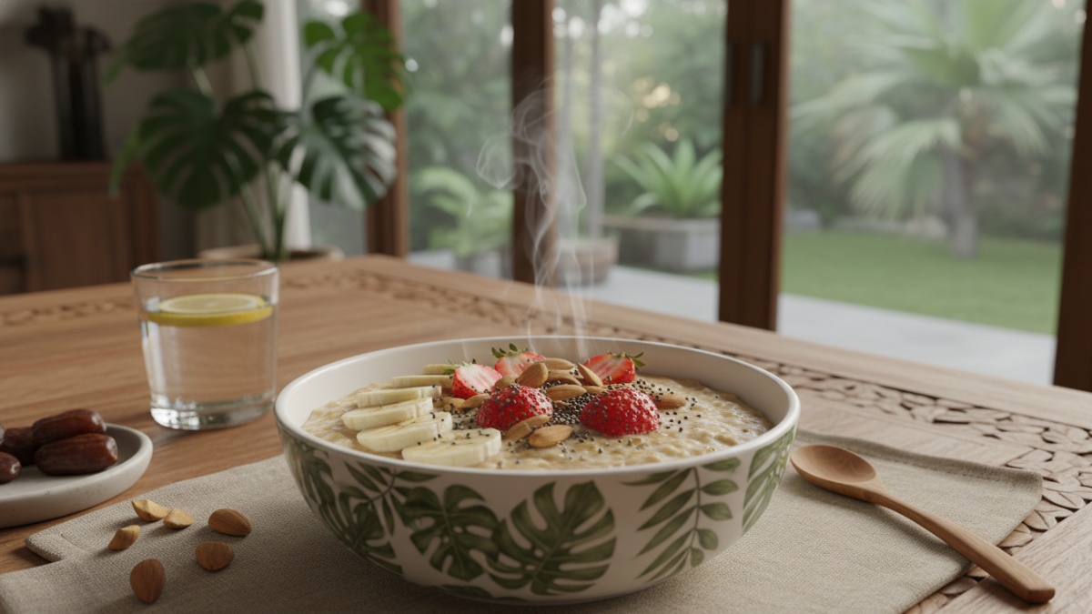 Semangkuk oatmeal hangat dengan topping pisang, stroberi, kacang almond, dan chia seed di meja makan sebagai inspirasi menu sahur sehat dengan energi tahan lama.
