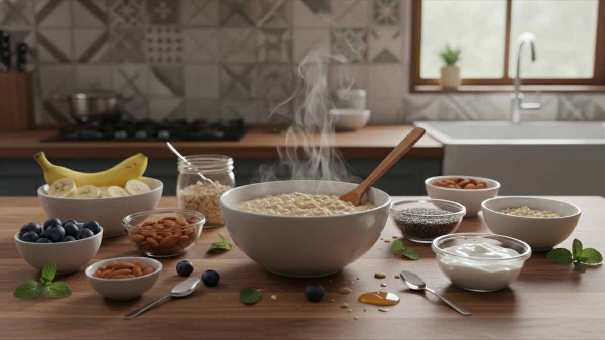 Beberapa variasi topping oatmeal seperti pisang, blueberry, almond, chia seed, dan yogurt tersusun di meja dapur sebagai ide kombinasi menu sahur sehat.
