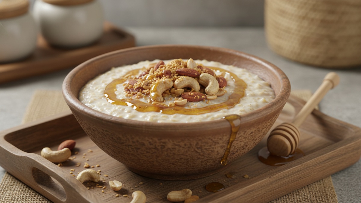 Close-up oatmeal dengan topping kacang dan madu menunjukkan contoh porsi yang tepat untuk menjaga keseimbangan nutrisi saat sahur.