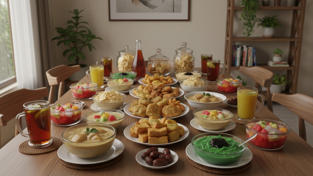Meja buka puasa dengan berbagai makanan khas Ramadan seperti gorengan dan minuman manis yang berpotensi memicu asam lambung.