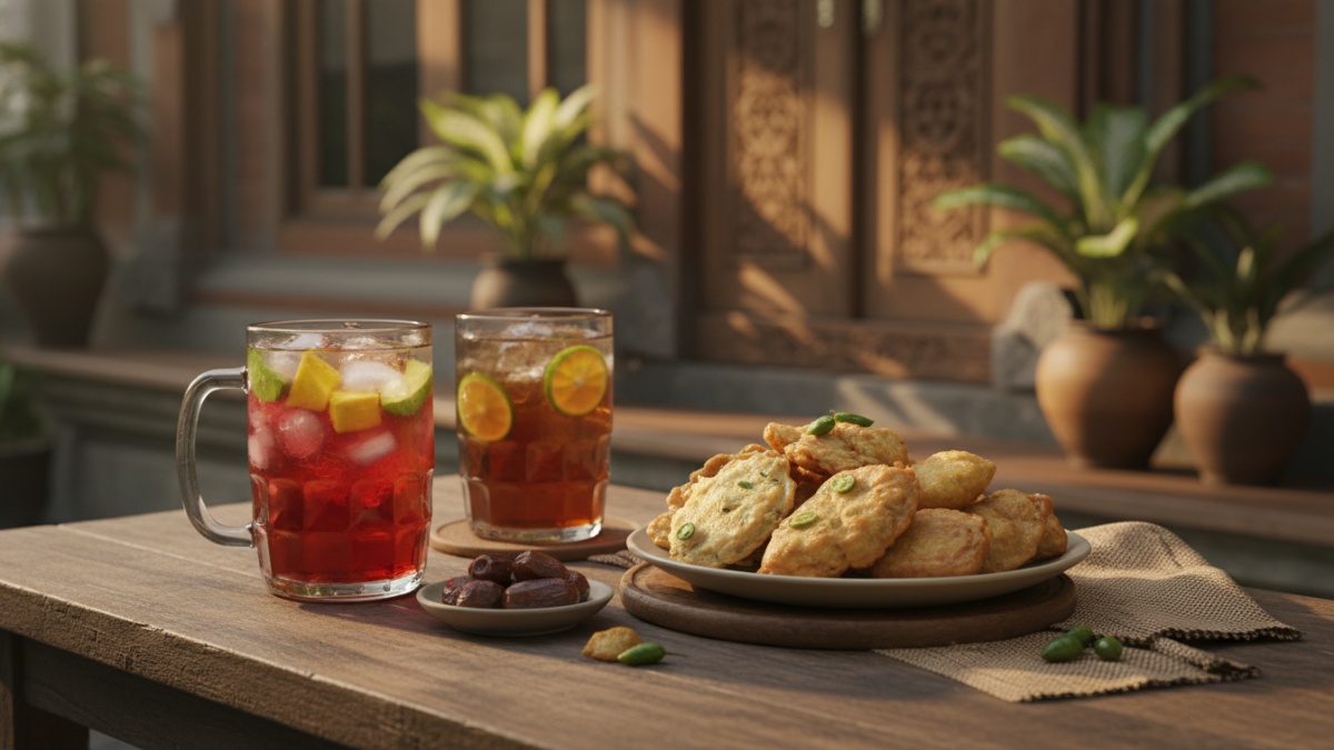 Sajian buka puasa berisi gorengan dan minuman manis yang sering dikonsumsi saat berbuka.