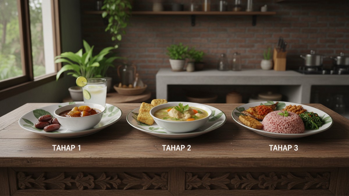 Infografik porsi makan bertahap saat berbuka puasa agar lambung tidak kaget.