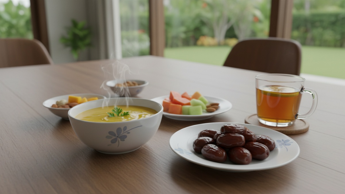 Menu buka puasa sehat dengan kurma, sup hangat, dan makanan ringan.