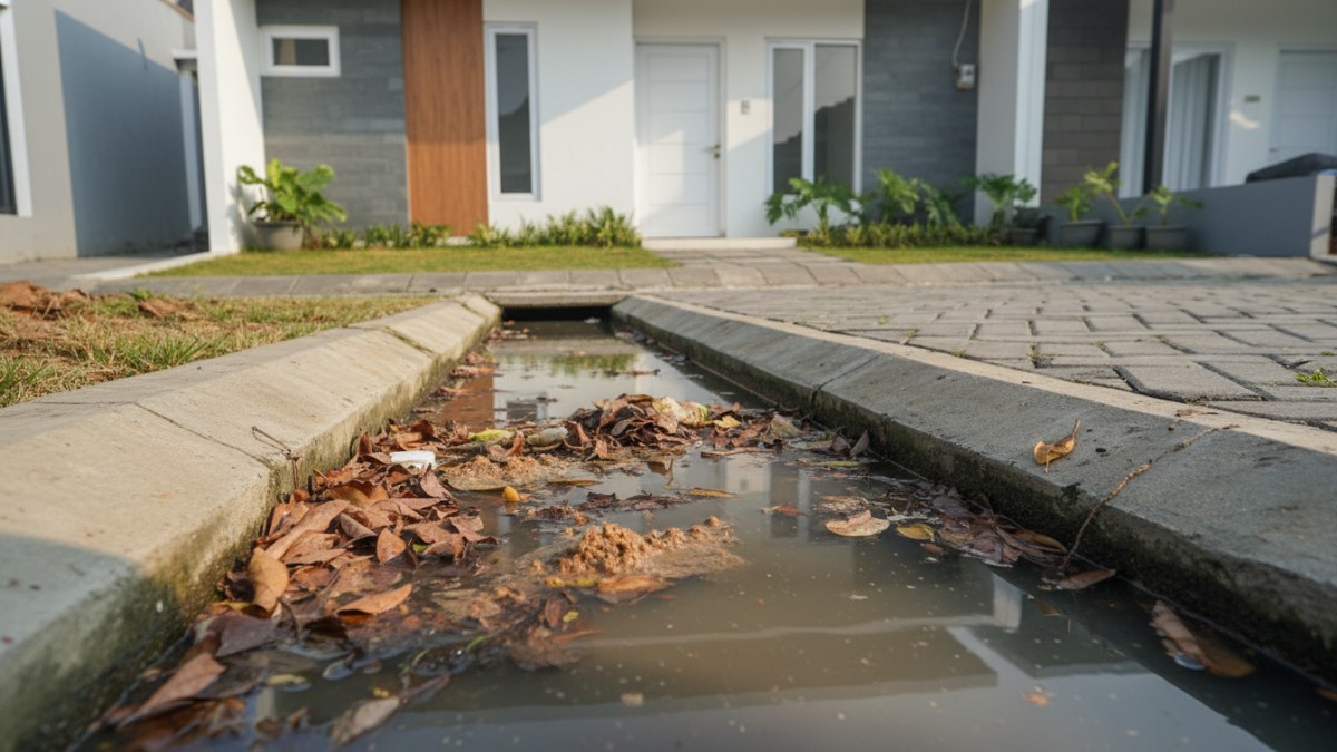 Contoh selokan rumah minimalis yang tersumbat daun dan lumpur setelah hujan.