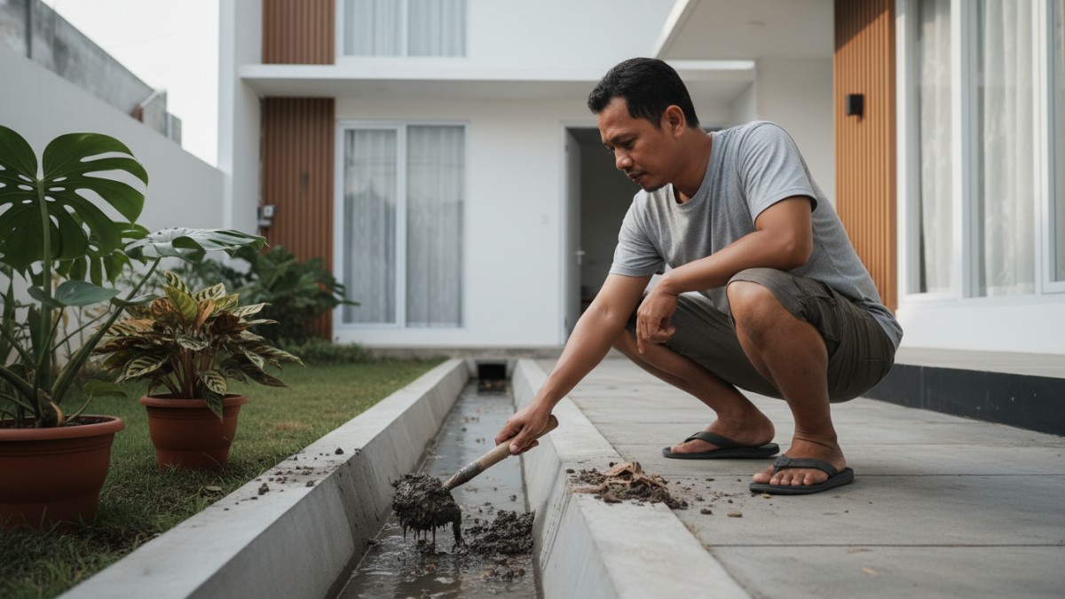 Proses membersihkan selokan menggunakan sekop kecil dan air tekanan sedang.
