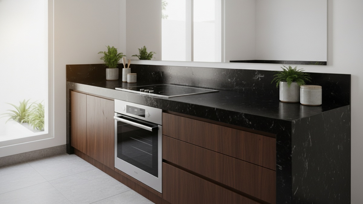 Desain meja kompor minimalis modern dengan material granit hitam yang membuat dapur terlihat rapi dan elegan.