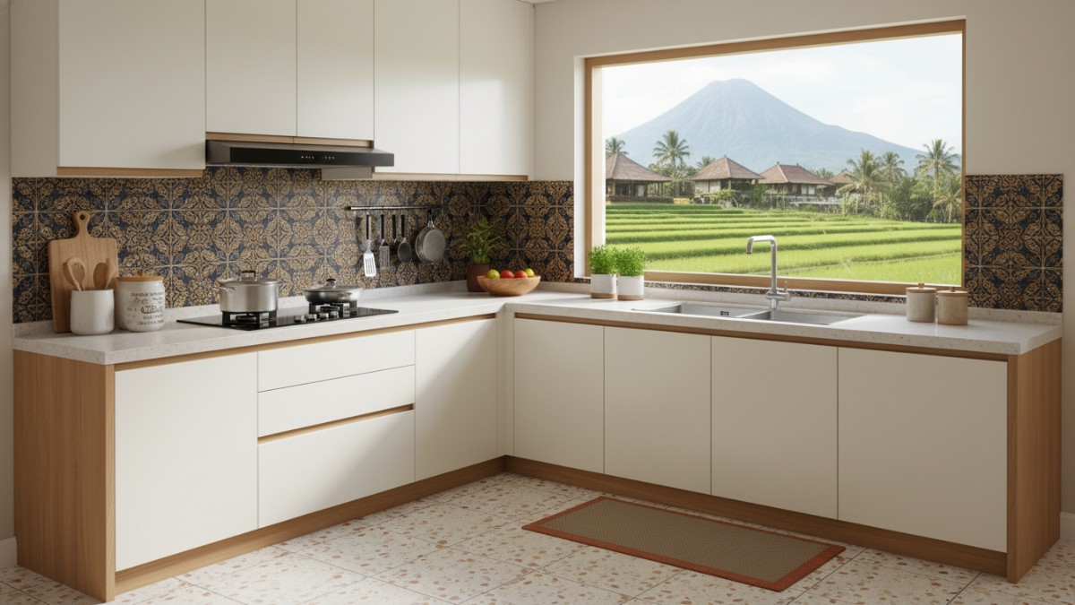 Ilustrasi dapur minimalis modern dengan meja kompor menyatu kitchen set yang membuat ruang masak terlihat tertata.