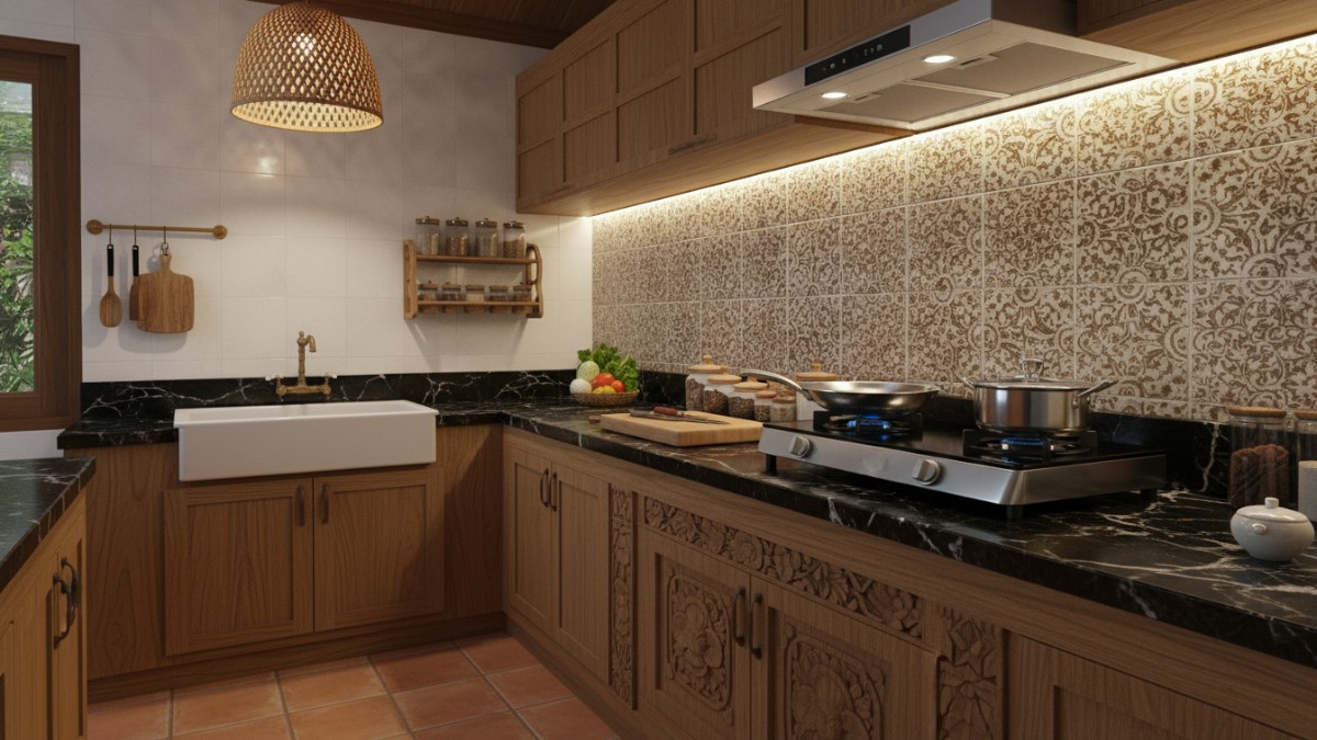 Contoh desain meja kompor dapur dengan pencahayaan terang yang memperlihatkan area kerja memasak.