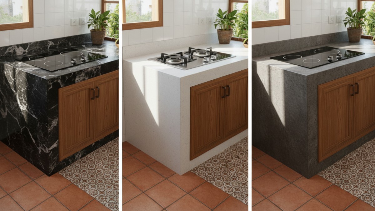 Beragam model meja kompor minimalis modern seperti granit, quartz, dan semen ekspos untuk dapur rumah.