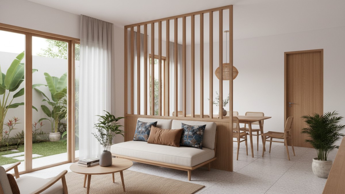 Desain partisi modern rumah type 36 dengan kisi kayu minimalis yang membuat ruang tamu dan ruang makan terlihat luas.