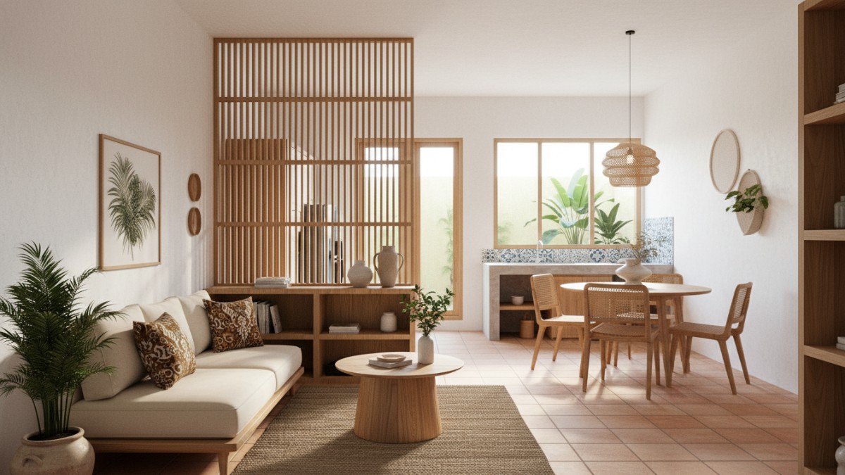 Interior rumah type 36 dengan konsep open space dan partisi ringan yang menjaga cahaya alami.