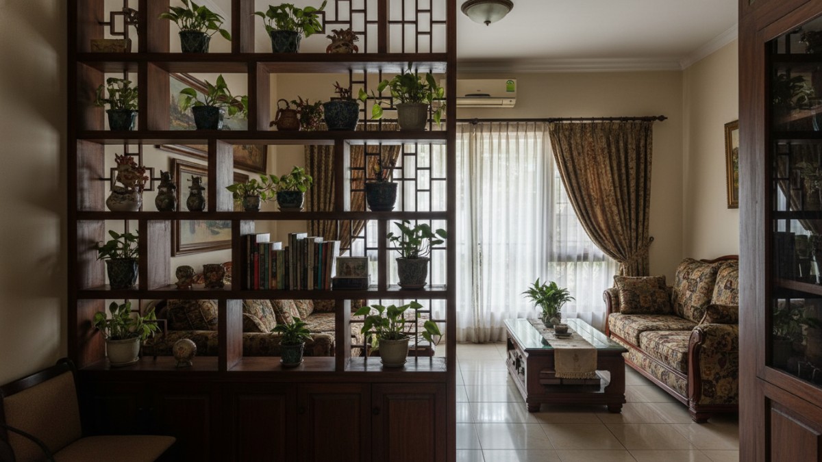 buatkan gambar Contoh kesalahan desain partisi rumah kecil yang terlalu padat sehingga ruangan terasa sempit. jangan tambahkan tulisan apapun