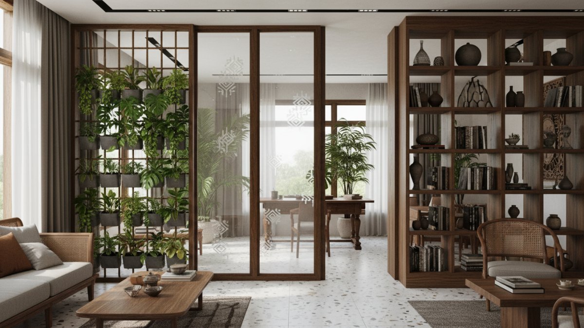 Inspirasi berbagai model partisi modern seperti kaca, rak built-in, dan tanaman vertikal.