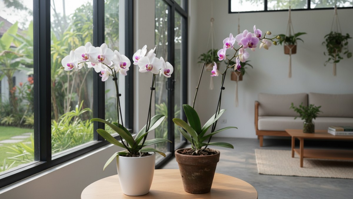 Anggrek phalaenopsis dengan bunga putih yang tumbuh sehat di pot khusus tanaman hias.