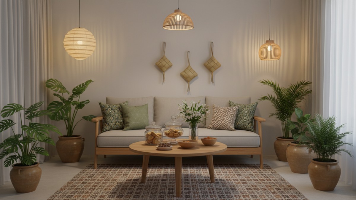 Dekorasi ruang tamu rumah minimalis bernuansa Lebaran dengan lampu hangat, tanaman hias, dan ornamen sederhana.
