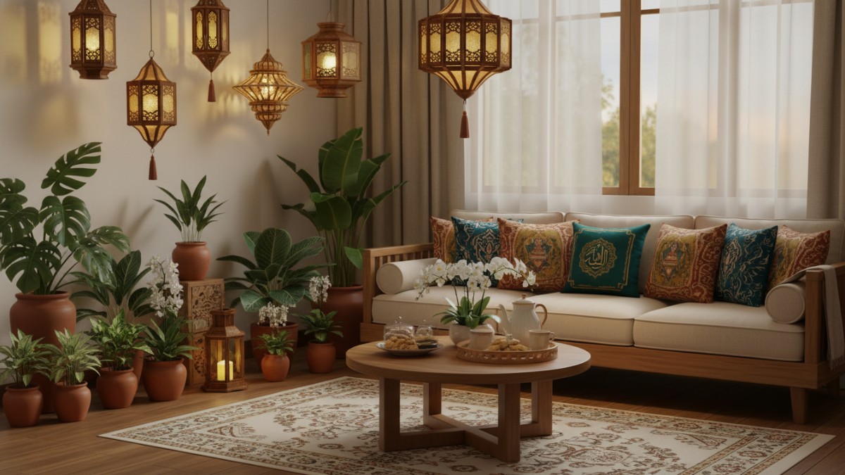 Berbagai inspirasi dekorasi rumah Lebaran seperti lampu hangat, tanaman hias, dan bantal sofa dekoratif.