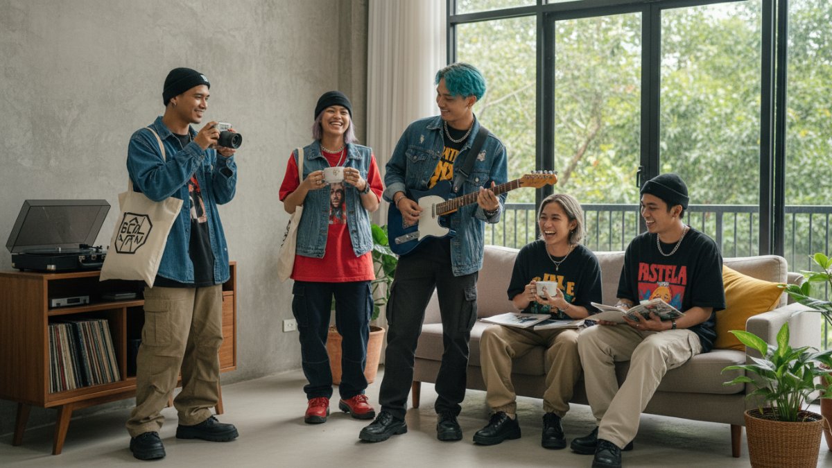 Anak muda mengenakan outfit skena Gen Z di area kafe kreatif dengan gaya santai dan kombinasi pakaian thrift.