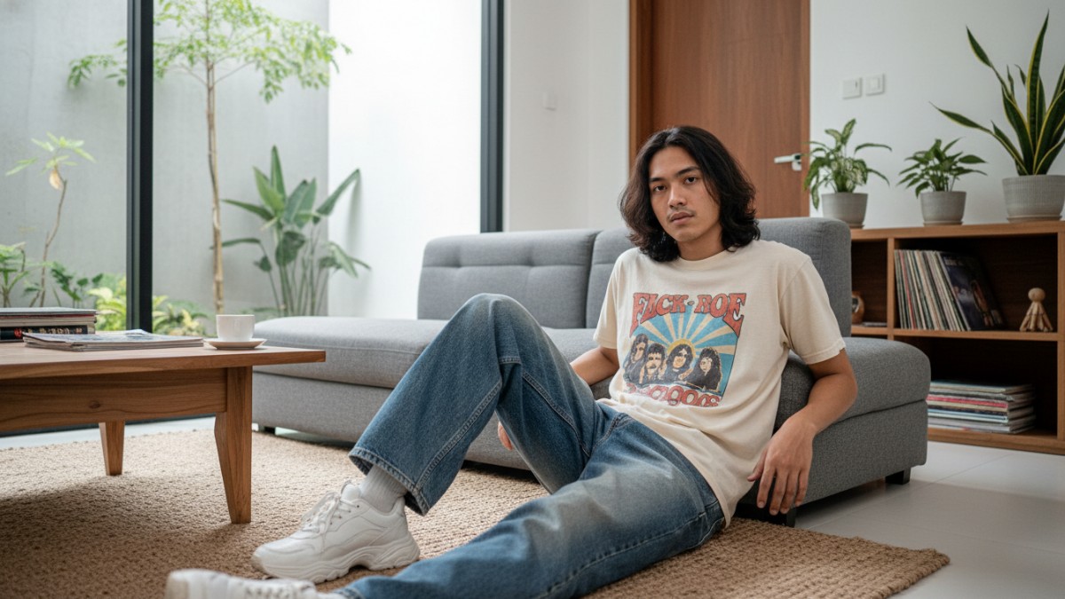 Ilustrasi gaya skena Gen Z dengan kaos grafis dan celana baggy yang sedang populer.