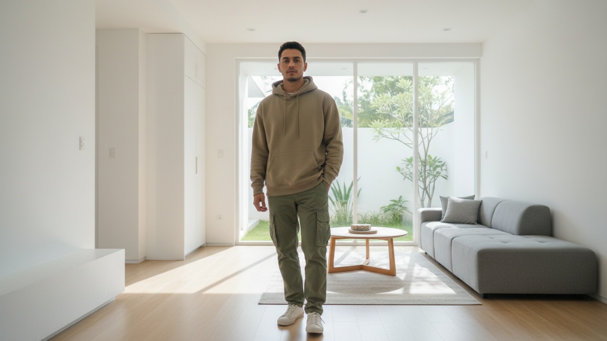 Contoh kombinasi hoodie oversized dan celana cargo pada gaya street fashion anak muda.