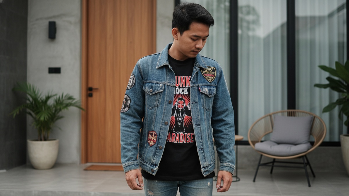 Mix and match jaket denim klasik dengan kaos band dalam outfit komunitas musik indie