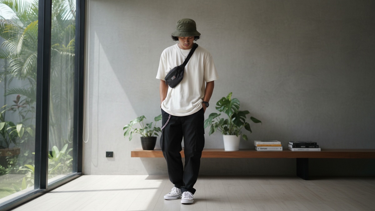 Anak muda mengenakan bucket hat dan sneaker klasik sebagai pelengkap outfit skena.