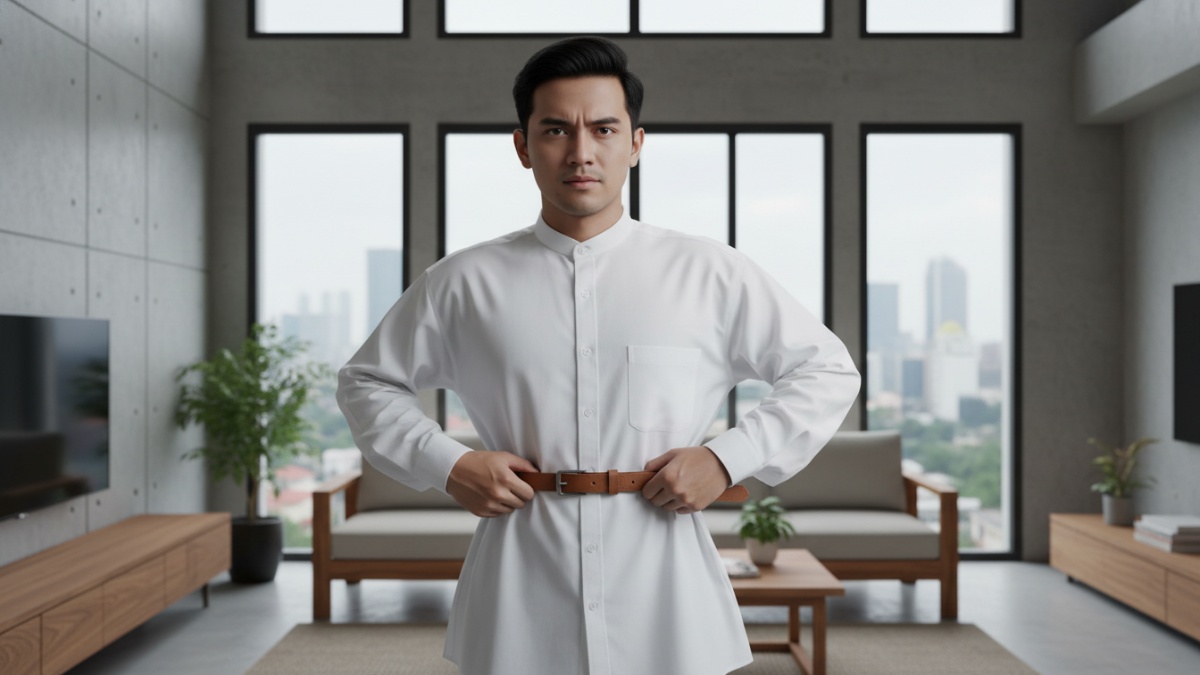 Ilustrasi seseorang mencoba mengakali baju kebesaran dengan ikat pinggang agar terlihat lebih rapi. 