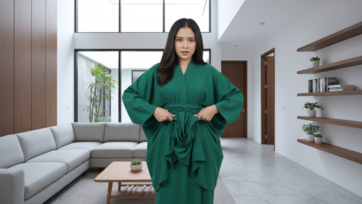 Contoh kesalahan memperbaiki baju kebesaran dengan lipatan kain tidak rapi. 