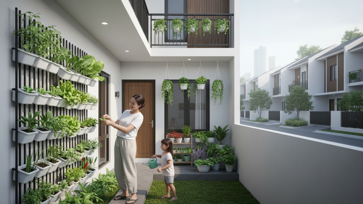 Kebun vertikal low budget di halaman rumah dengan botol plastik dan rak kayu sederhana berisi tanaman sayur.