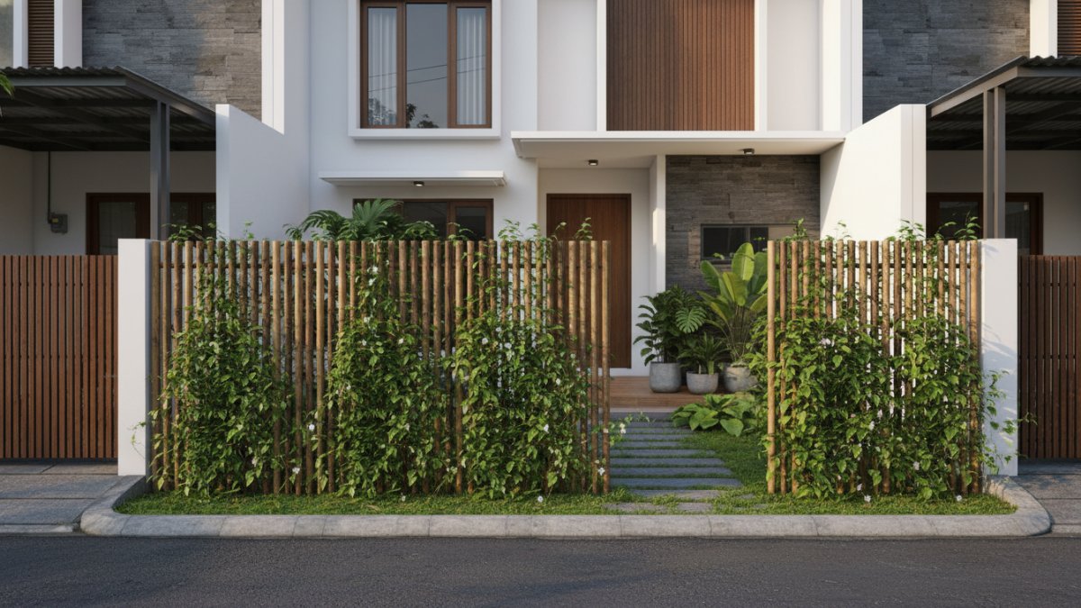 Pagar bambu dengan tanaman rambat hijau yang menciptakan halaman rumah terlihat asri dan teduh.
