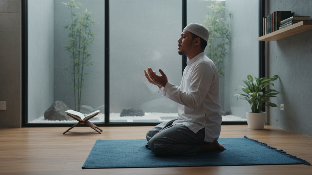 Suasana ibadah malam Ramadhan di masjid dengan jamaah memperbanyak shalat dan doa mencari Lailatul Qadar.