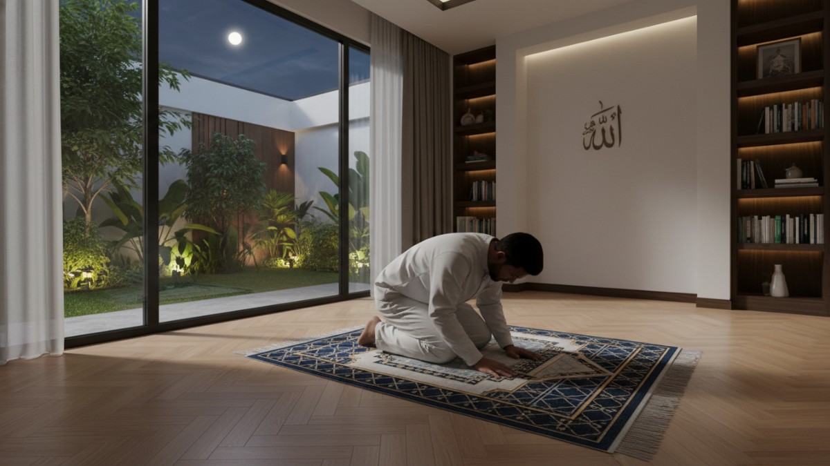 Ilustrasi umat Muslim melakukan shalat tahajud pada malam Ramadhan.