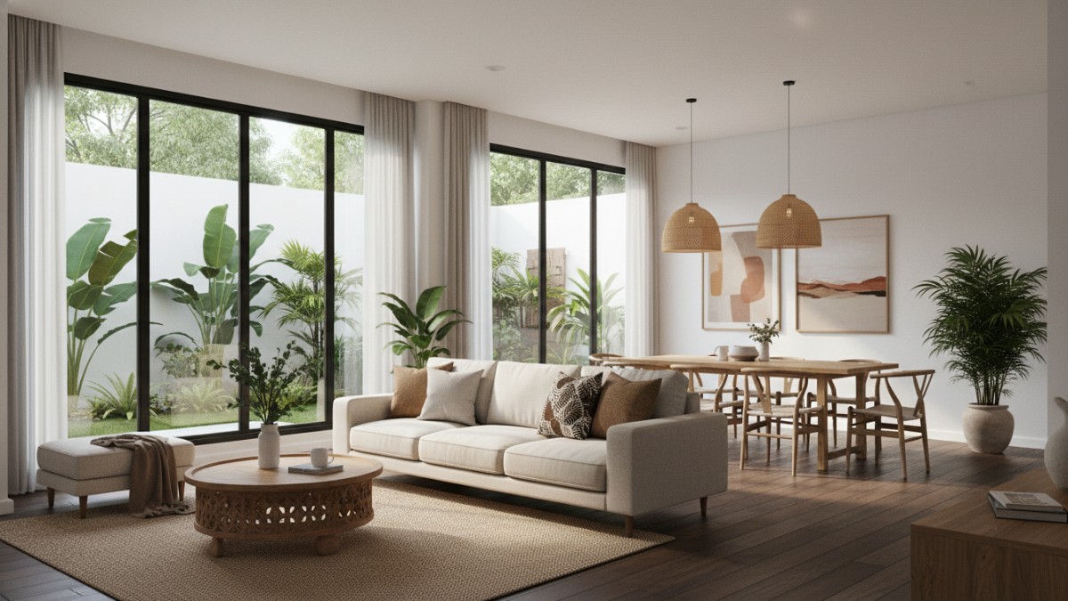 Desain ruang tamu dan ruang makan open space pada rumah kecil dengan furnitur minimalis dan pencahayaan alami.