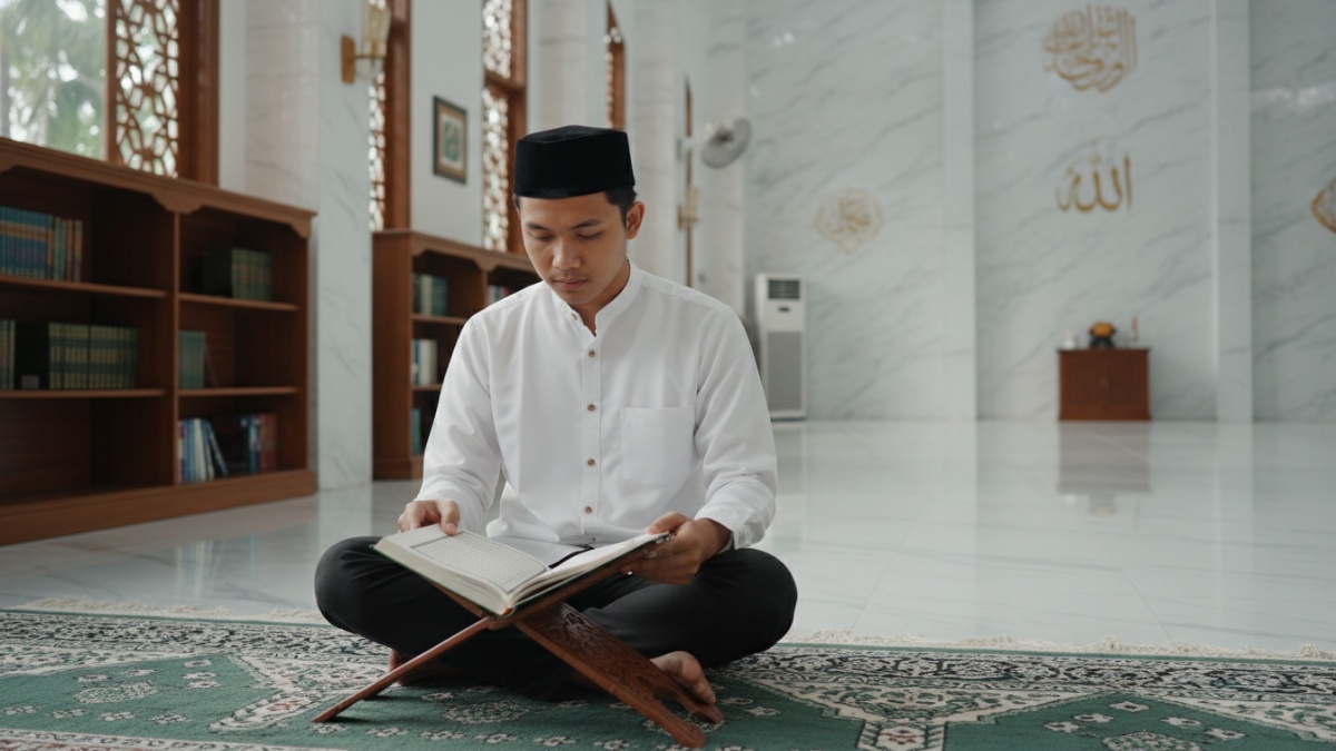 Suasana Ramadhan dengan umat Muslim membaca Al-Qur&rsquo;an di masjid, menggambarkan momen melatih kesabaran selama bulan suci.