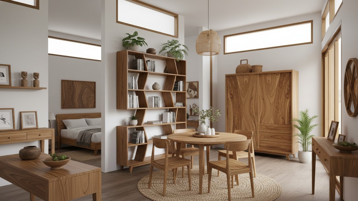 Furnitur rumah berbahan kayu solid seperti meja makan dan kursi yang memberikan kesan hangat dan estetik pada interior rumah.