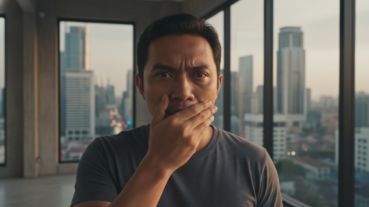 Visual seseorang menahan emosi dan tetap tenang saat berpuasa, menggambarkan latihan kesabaran dalam kehidupan.