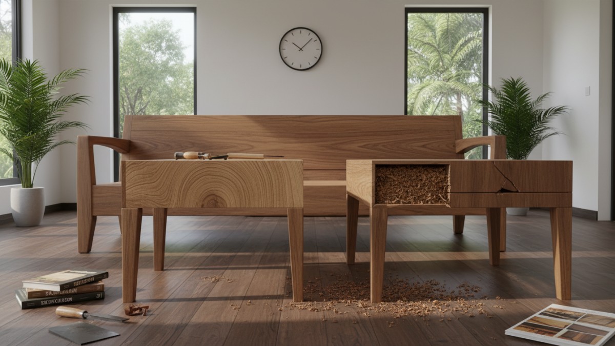 Ilustrasi perbandingan furnitur kayu solid dan furnitur dengan lapisan veneer.